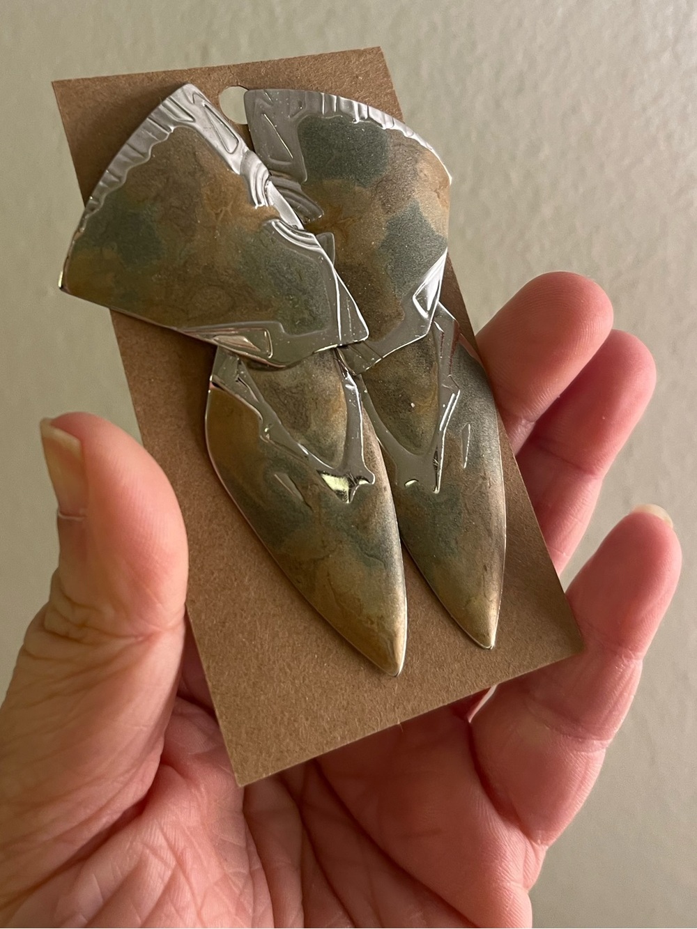 Statement Iridescent Metal Drop Earrings - Olive Tones